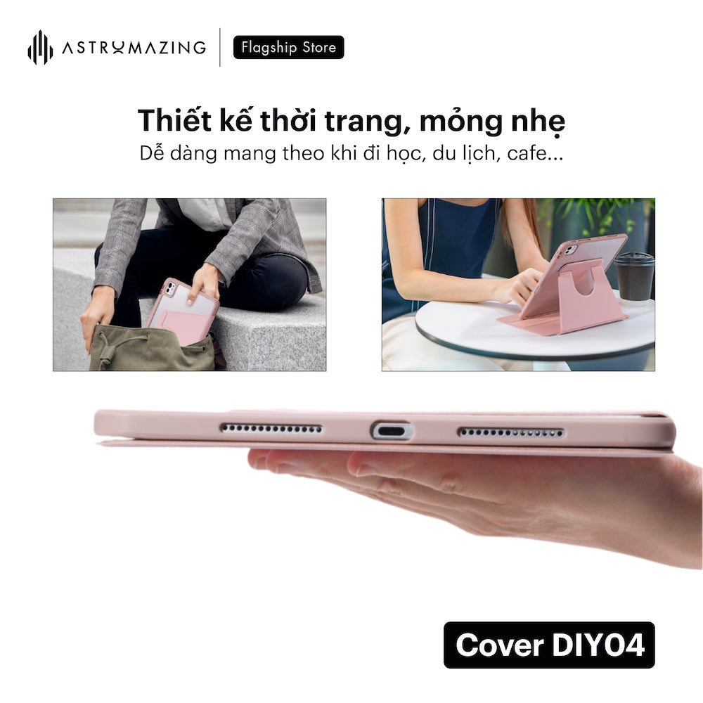 Bao da iPad DIY04 xoay 360, tháo rời nam châm, có khay bút
