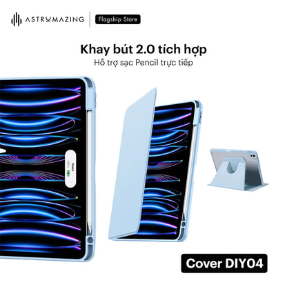 Bao da iPad DIY04 xoay 360, tháo rời nam châm, có khay bút