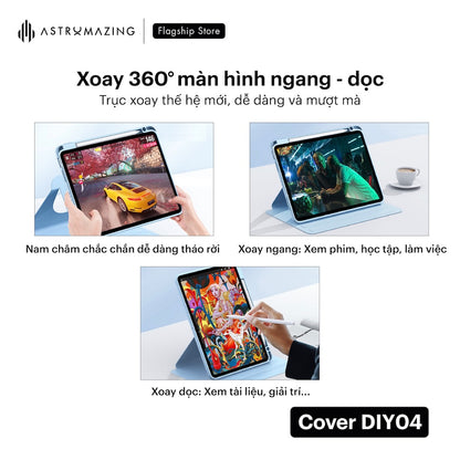 Bao da iPad DIY04 xoay 360, tháo rời nam châm, có khay bút