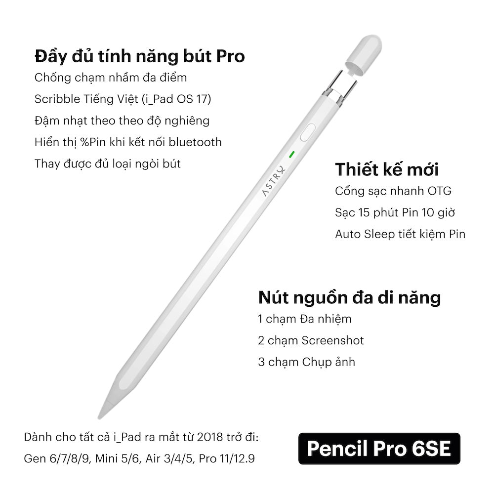 Bút cảm ứng iPad Pencil Pro 6 cho Air 4/5/6/7, Mini 6/7, Gen 10/11