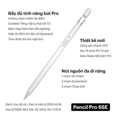 Bút cảm ứng iPad Pencil Pro 6 cho Air 4/5/6/7, Mini 6/7, Gen 10/11